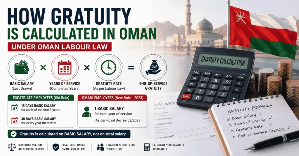 Oman gratuity calculation formula showing employee end of service benefits based on salary and service period