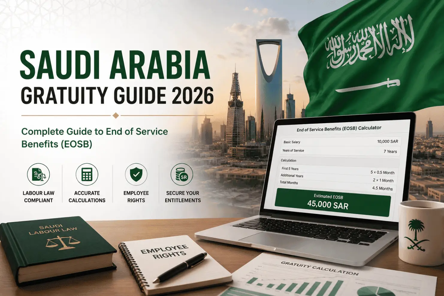 Saudi Arabia Gratuity Guide explaining end of service benefits, EOSB calculation, Saudi Labour Law, and employee rights