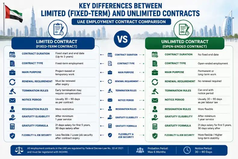 UAE limited vs unlimited contract comparison showing gratuity calculation, notice period, resignation rules, termination conditions, and employee benefits