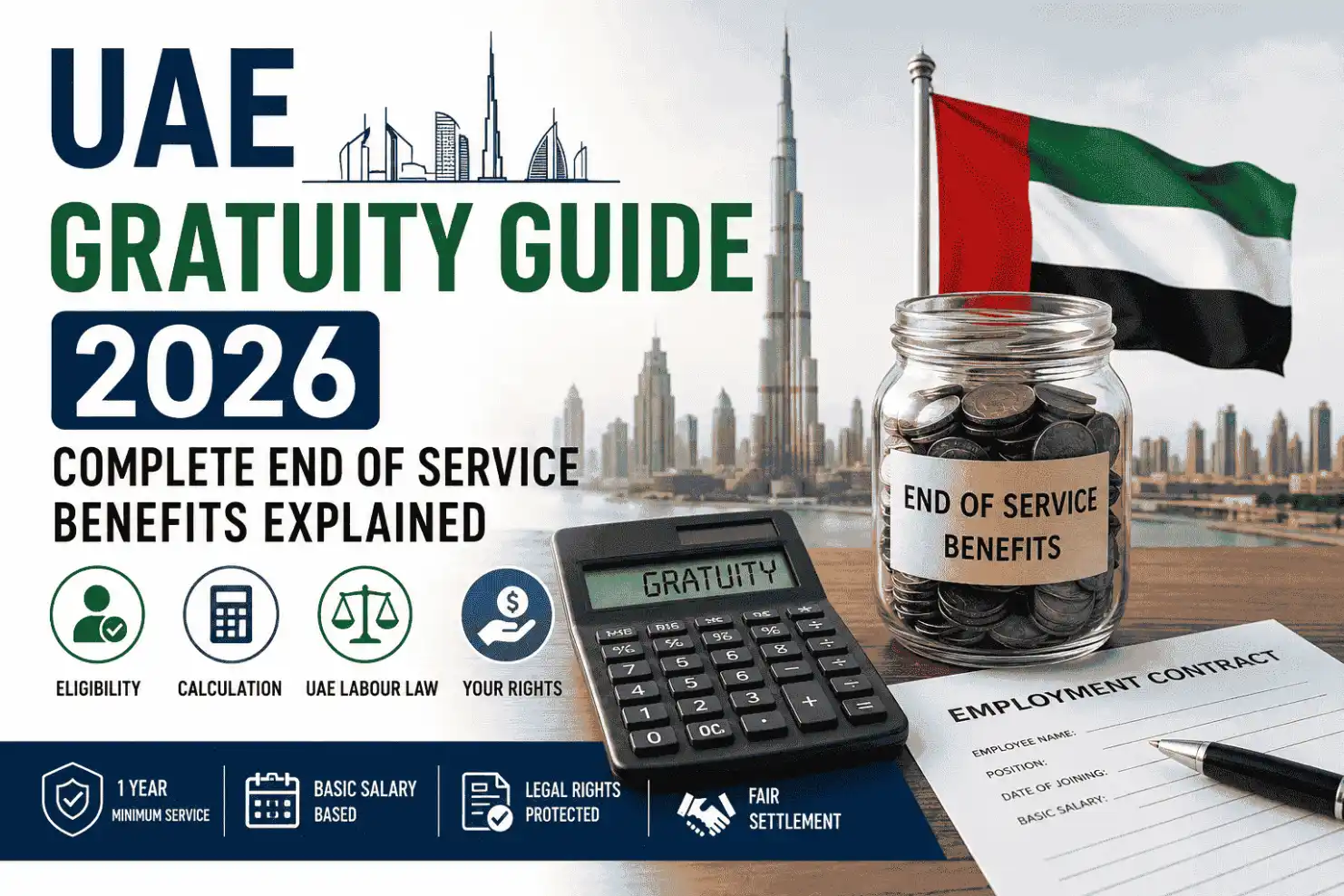 UAE Gratuity Guide 2026 explaining end of service benefits, gratuity calculation, UAE Labour Law, and employee settlement rights