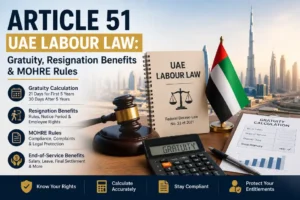 Article 51 UAE Labour Law explaining gratuity calculation, resignation benefits and MOHRE rules for employees