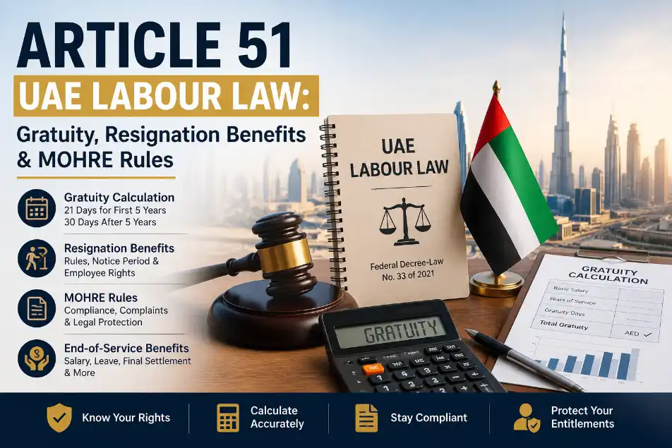 Article 51 UAE Labour Law explaining gratuity calculation, resignation benefits and MOHRE rules for employees