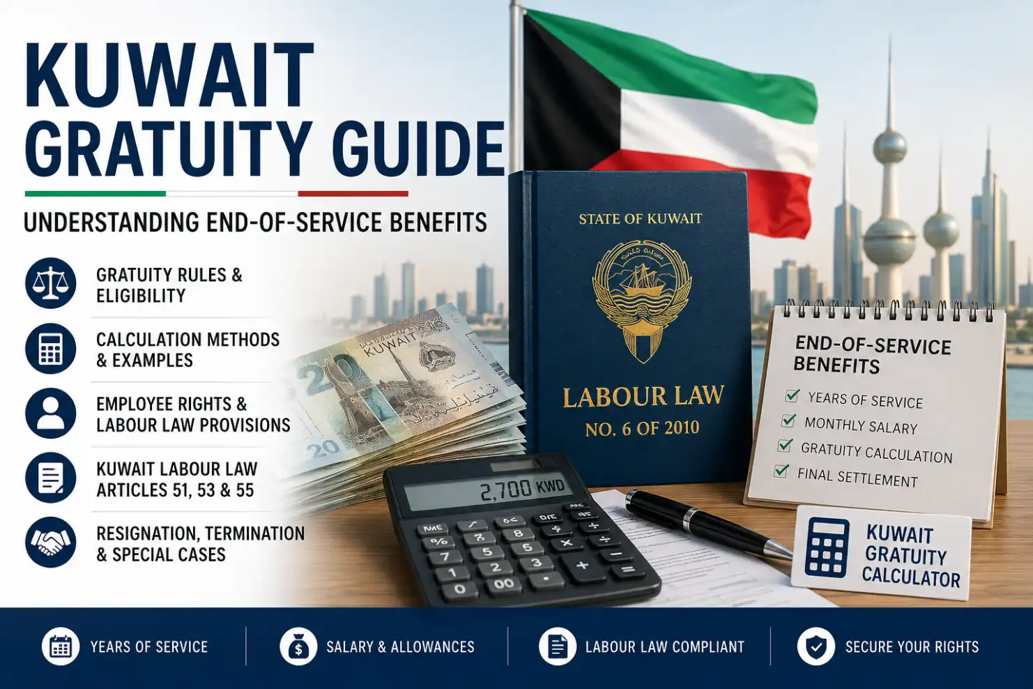 Kuwait gratuity guide showing end-of-service benefits, labour law rules, salary calculation and employee rights