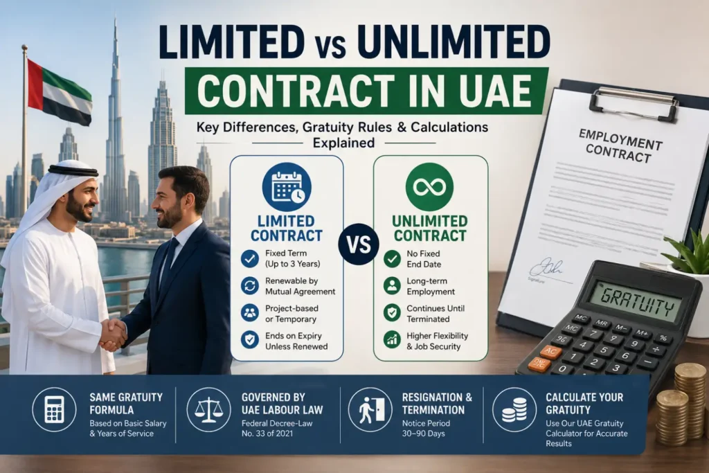 Limited vs unlimited contract in UAE with gratuity rules, differences, and end of service benefits explained