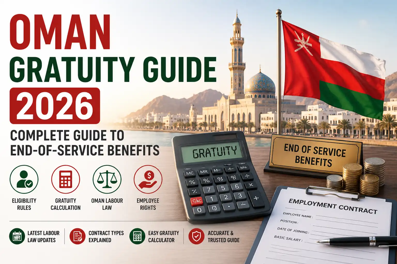 Oman Gratuity Guide 2026 explaining end of service benefits, gratuity calculation, Oman Labour Law, and employee rights