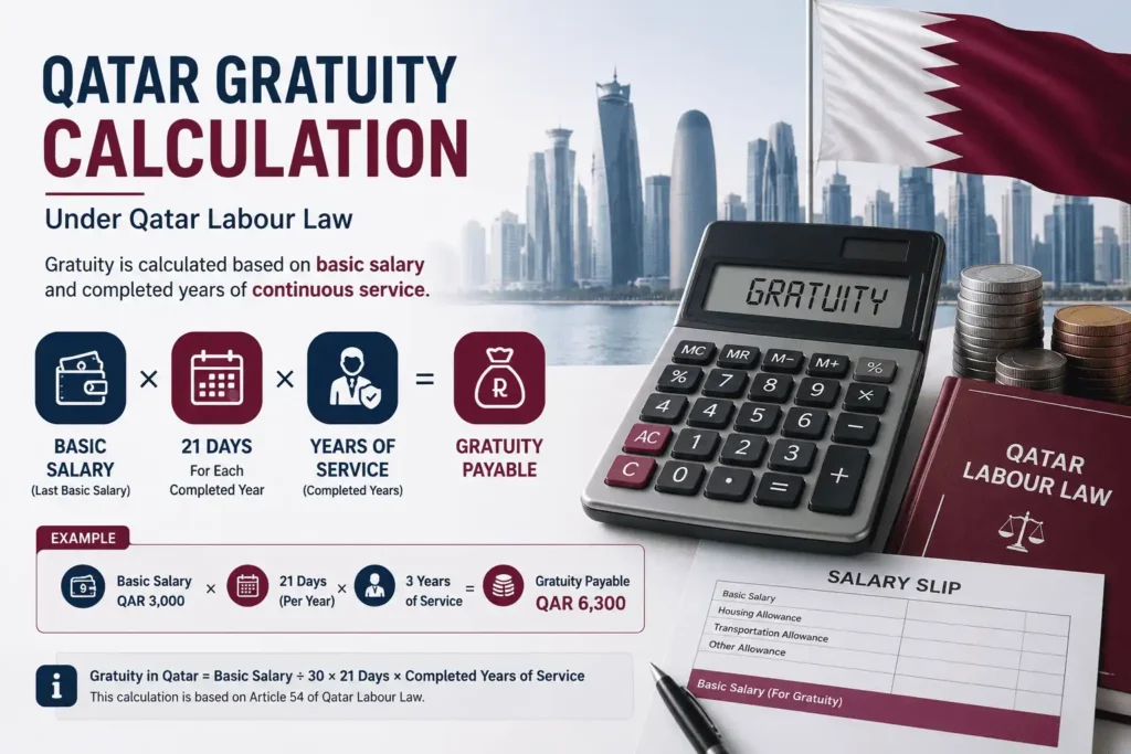 Qatar gratuity calculation formula based on basic salary, completed years of service, and labour law requirements