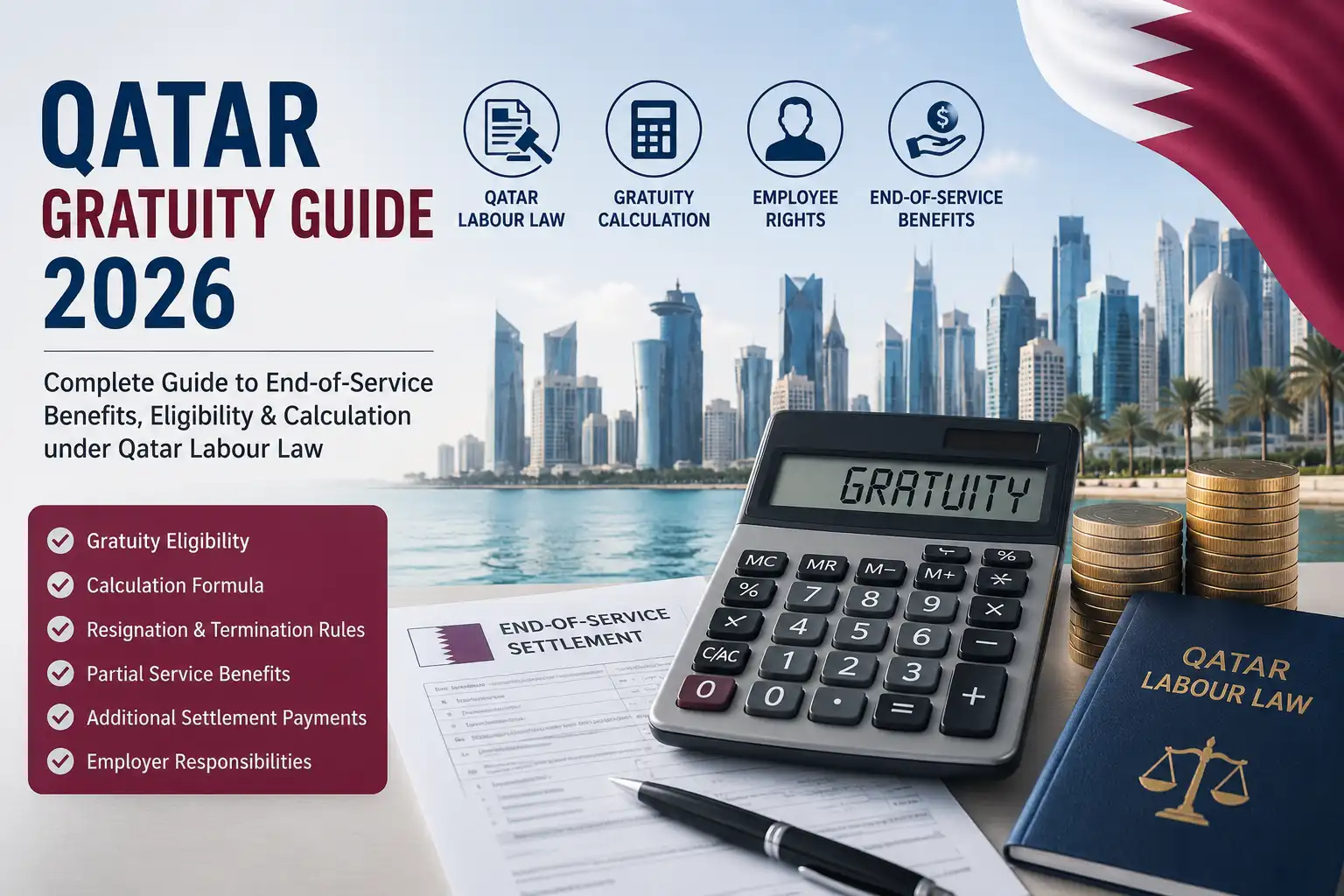 Qatar Gratuity Guide explaining end of service benefits, gratuity rules, Qatar Labour Law, and employee settlement