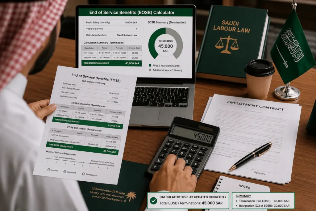 Saudi gratuity calculation formula showing end of service benefits based on salary and years of service
