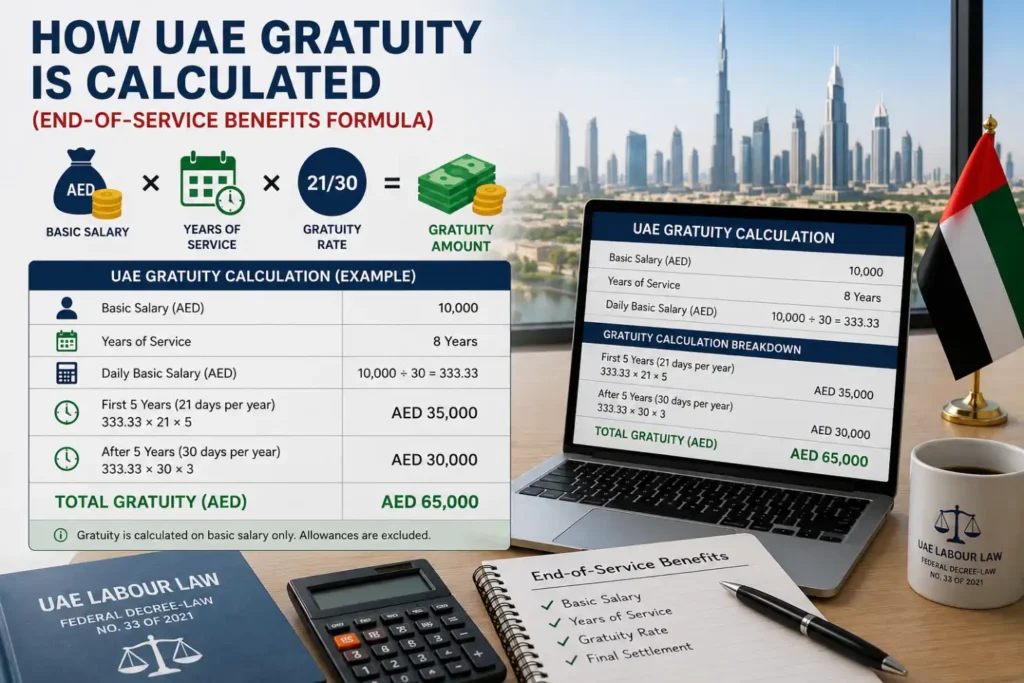 UAE gratuity calculation formula showing basic salary, years of service, and end of service benefit calculation