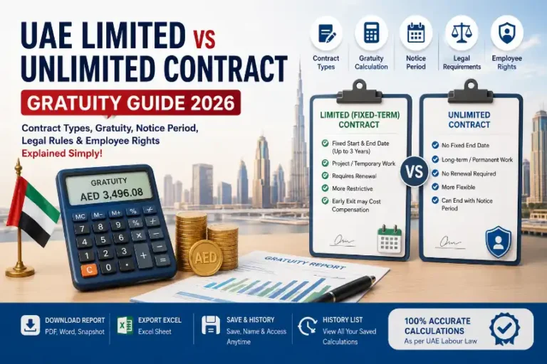 UAE Limited vs Unlimited Contract Guide 2026 showing gratuity calculation, notice period, employee rights, legal requirements and key contract differences in UAE labour law.