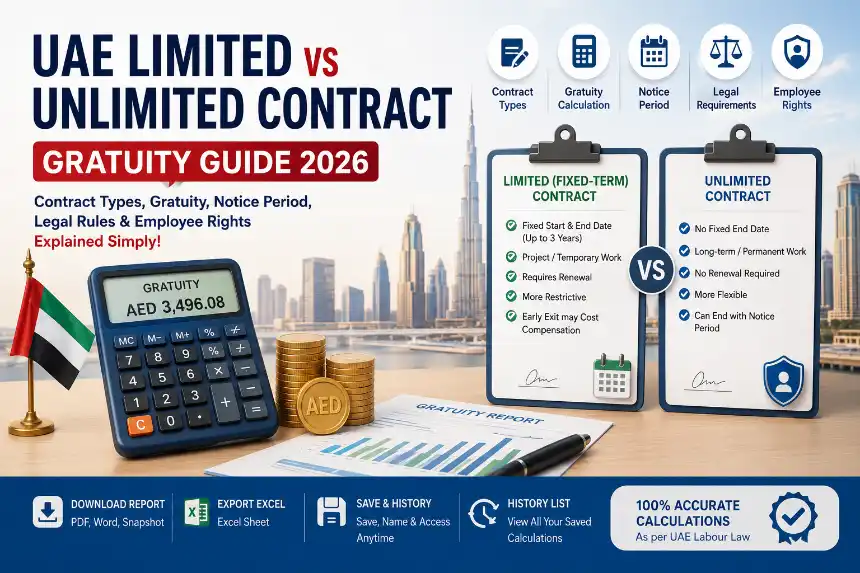 UAE Limited vs Unlimited Contract Guide 2026 showing gratuity calculation, notice period, employee rights, legal requirements and key contract differences in UAE labour law.