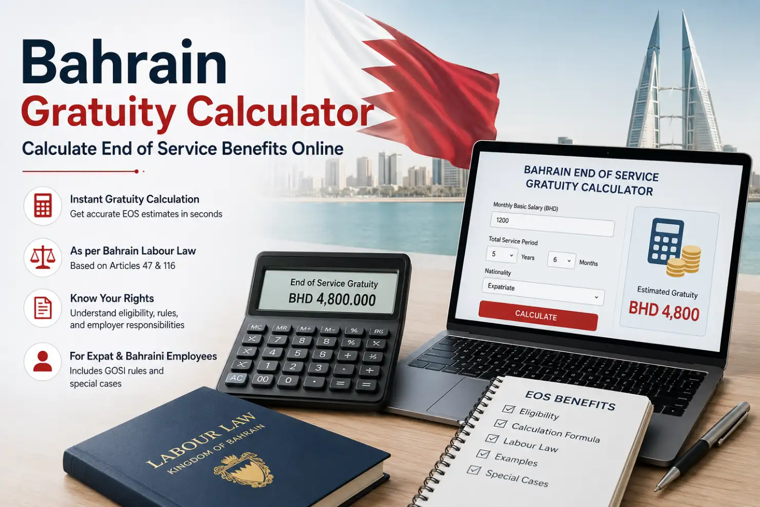 Bahrain Gratuity Calculator dashboard with calculator, laptop, Bahrain Labour Law book, and Bahrain skyline showing End of Service (EOS) benefits calculation.