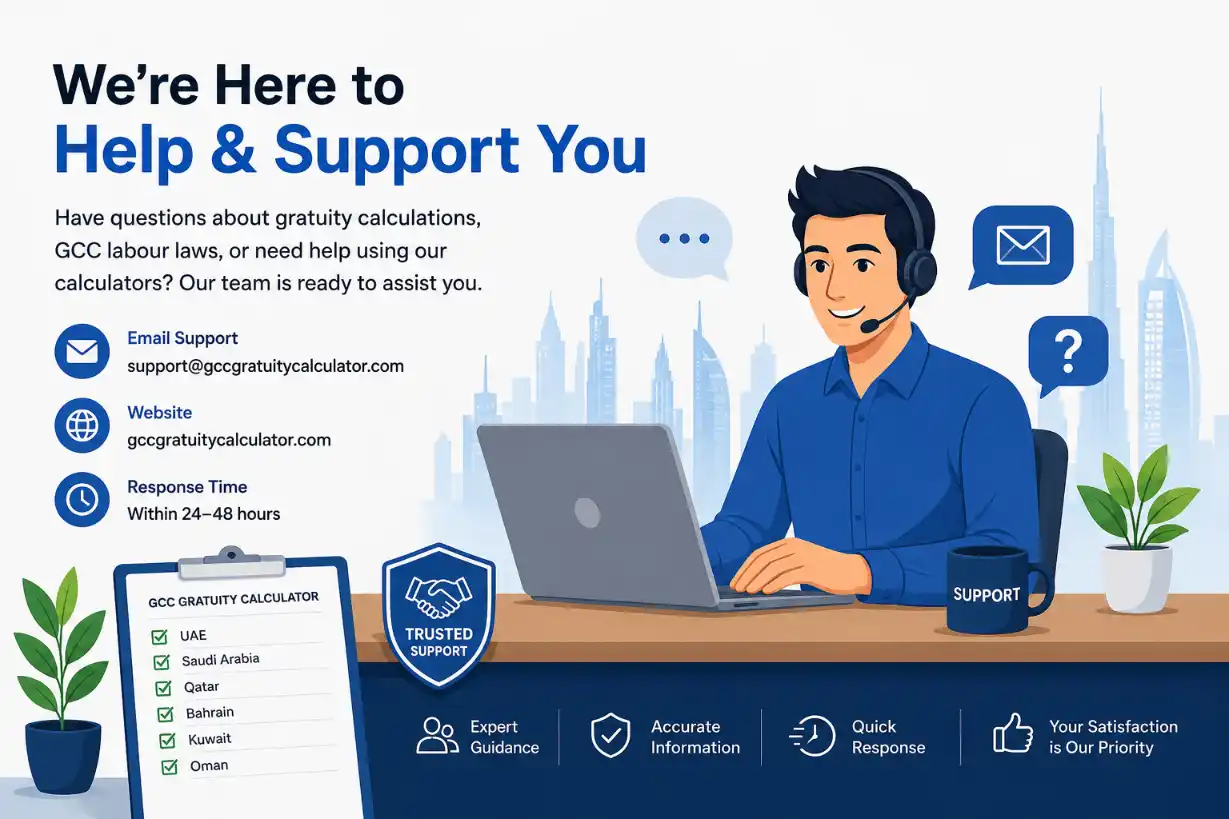 Contact GCC Gratuity Calculator support for gratuity calculation assistance across GCC countries
