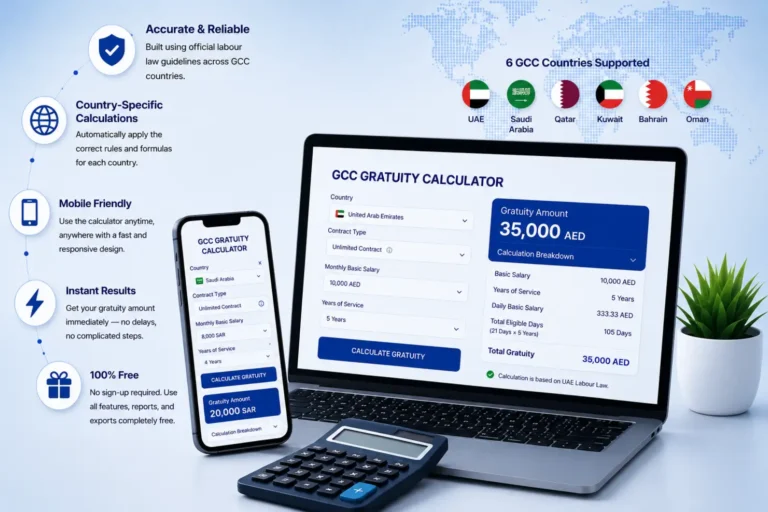 GCC gratuity calculator UI showing contract type selection with UAE and Saudi gratuity calculation on laptop and mobile devices