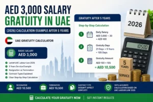 AED 3000 salary gratuity calculation example in UAE showing estimated end-of-service benefits after 5 years under UAE Labour Law 2026.