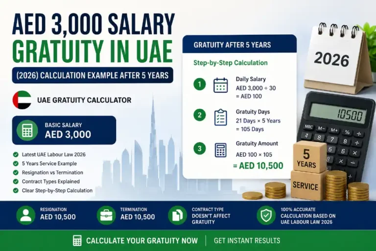 AED 3000 salary gratuity calculation example in UAE showing estimated end-of-service benefits after 5 years under UAE Labour Law 2026.