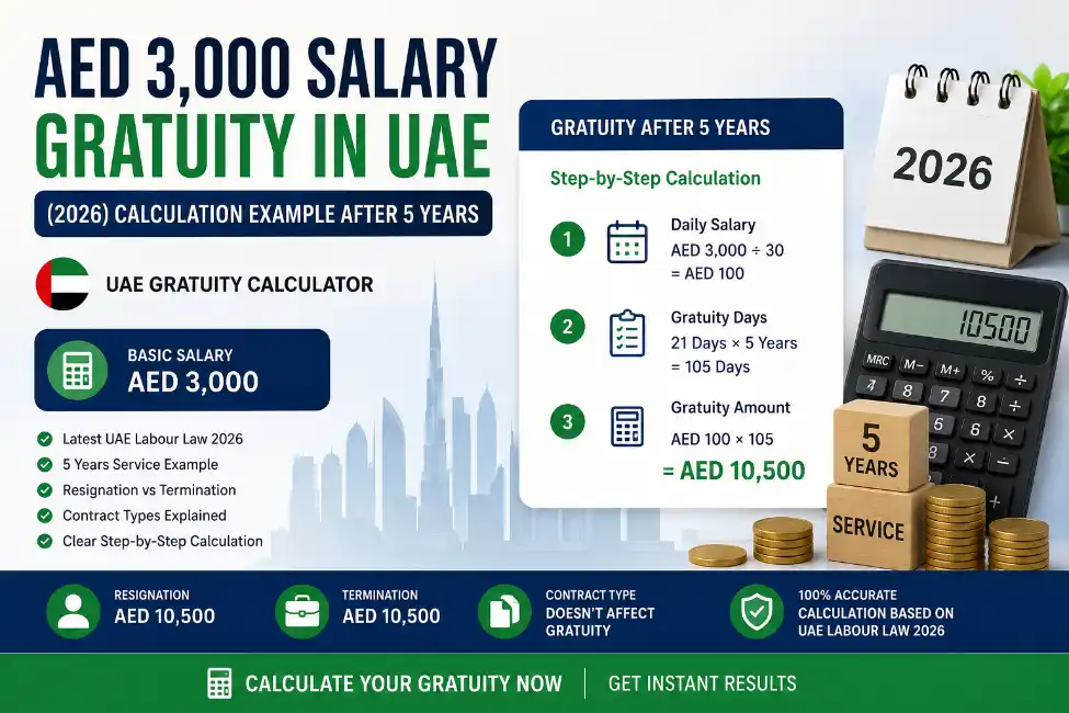 AED 3000 salary gratuity calculation example in UAE showing estimated end-of-service benefits after 5 years under UAE Labour Law 2026.