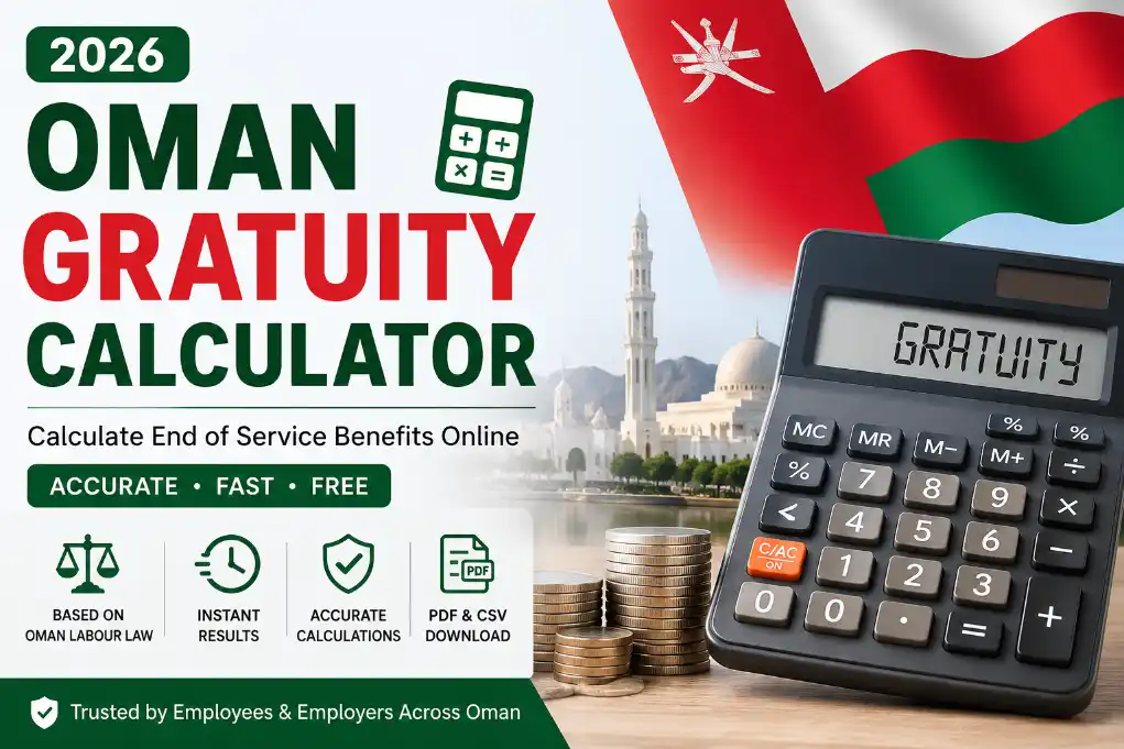 Oman Gratuity Calculator 2026 showing end of service benefits calculation under Oman Labour Law