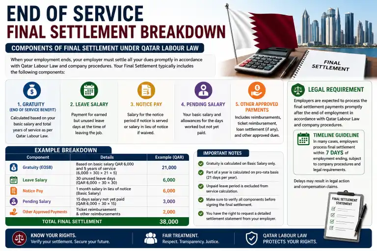 Qatar End of Service Final Settlement Breakdown showing gratuity, leave salary, notice pay, pending salary, and other approved payments under Qatar Labour Law 2026.