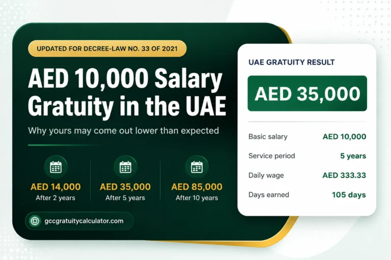 AED 10000 salary gratuity in UAE showing AED 14,000 after 2 years, AED 35,000 after 5 years and AED 85,000 after 10 years