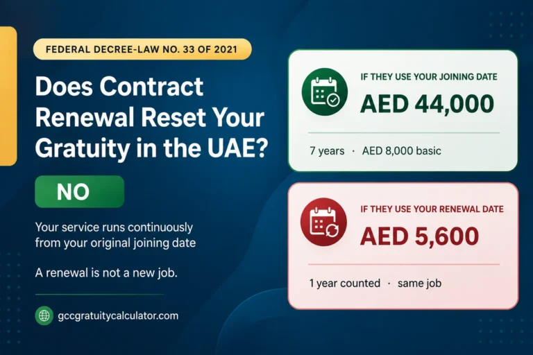 Contract renewal gratuity UAE showing AED 44,000 from the original joining date against AED 5,600 from the renewal date