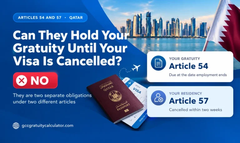 Qatar gratuity and visa cancellation showing Article 54 and Article 57 as two separate employer obligations