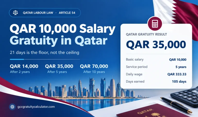 QAR 10000 salary gratuity Qatar showing QAR 14,000 after 2 years, QAR 35,000 after 5 years and QAR 70,000 after 10 years