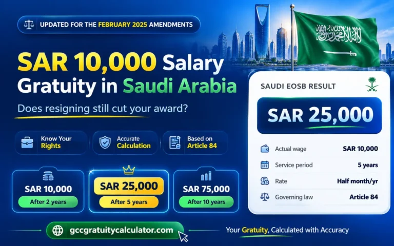 SAR 10000 salary gratuity Saudi Arabia showing SAR 10,000 after 2 years, SAR 25,000 after 5 years and SAR 75,000 after 10 years