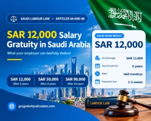 SAR 12000 salary gratuity Saudi Arabia showing SAR 12,000 after 2 years, SAR 30,000 after 5 years and SAR 90,000 after 10 years