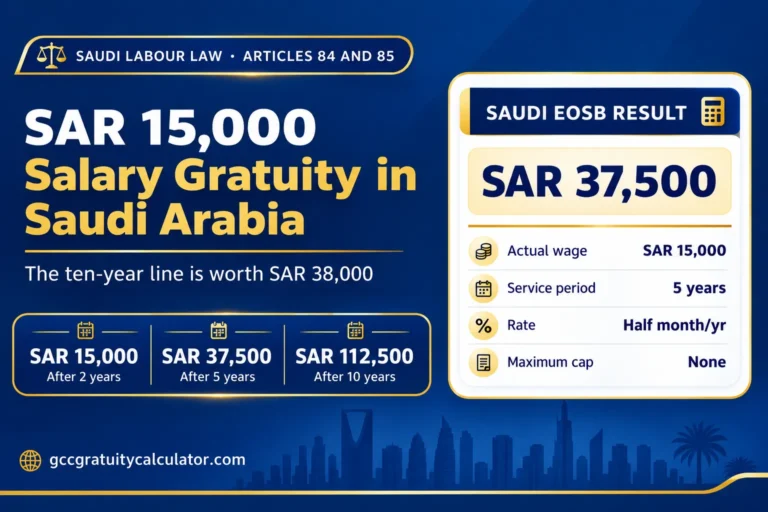 SAR 15000 salary gratuity Saudi Arabia showing SAR 15,000 after 2 years, SAR 37,500 after 5 years and SAR 112,500 after 10 years