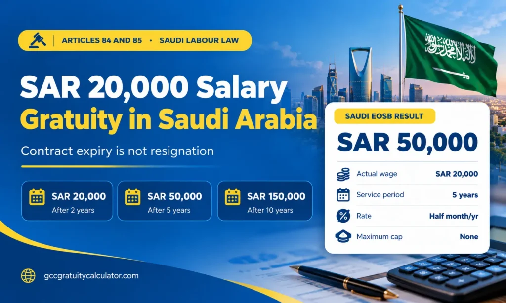 SAR 20000 salary gratuity Saudi Arabia showing SAR 20,000 after 2 years, SAR 50,000 after 5 years and SAR 150,000 after 10 years