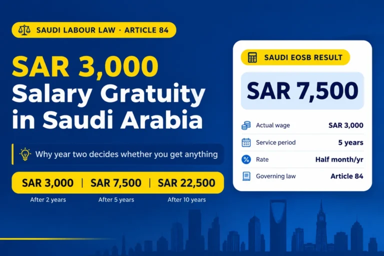 SAR 3000 salary gratuity Saudi Arabia showing SAR 3,000 after 2 years, SAR 7,500 after 5 years and SAR 22,500 after 10 years