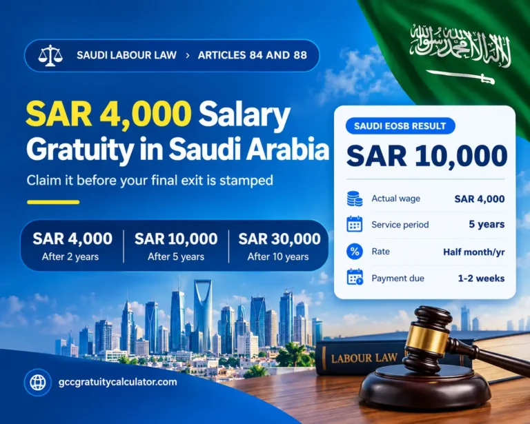 SAR 4000 salary gratuity Saudi Arabia showing SAR 4,000 after 2 years, SAR 10,000 after 5 years and SAR 30,000 after 10 years