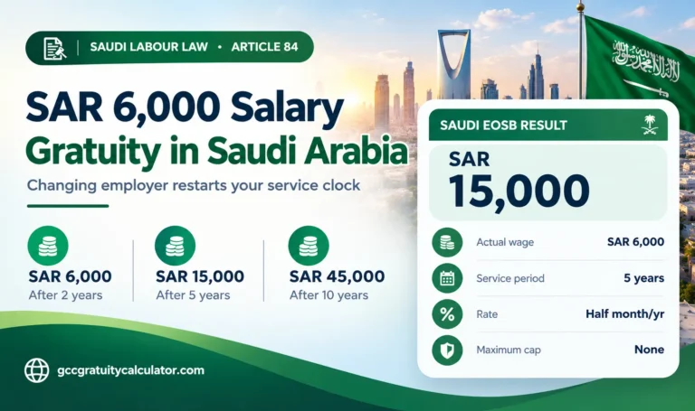 SAR 6000 salary gratuity Saudi Arabia showing SAR 6,000 after 2 years, SAR 15,000 after 5 years and SAR 45,000 after 10 years