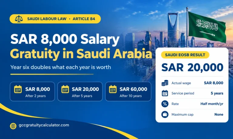 SAR 8000 salary gratuity Saudi Arabia showing SAR 8,000 after 2 years, SAR 20,000 after 5 years and SAR 60,000 after 10 years